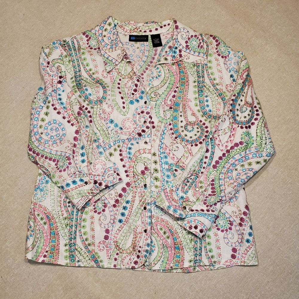 Relativity 100% Linen Paisley Snap Up Top Size L